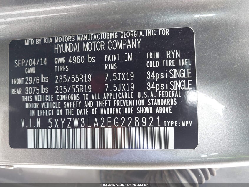 2014 Hyundai Santa fe VIN 5XYZW3LA2EG228921 IAAI salvage auction — NORMAL WEAR, Original (Texas), sold $25 on 2026-07-28 (photo 9)