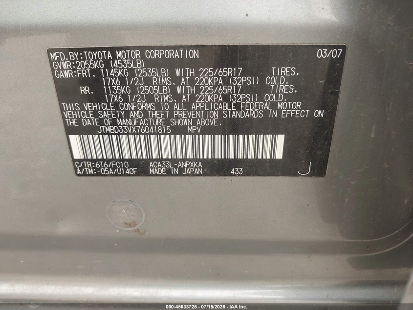 2007 Toyota Rav4 VIN JTMBD33VX76041815 IAAI salvage auction — NORMAL WEAR, Clear (New York), sold $900 on 2026-07-28 (photo 9)