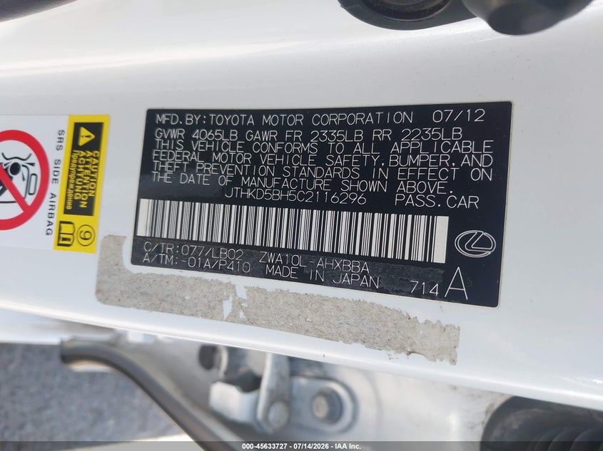 2012 Lexus Ct VIN JTHKD5BH5C2116296 IAAI salvage auction — REAR END, Salvage Title, sold $125 on 2026-07-29 (photo 9)