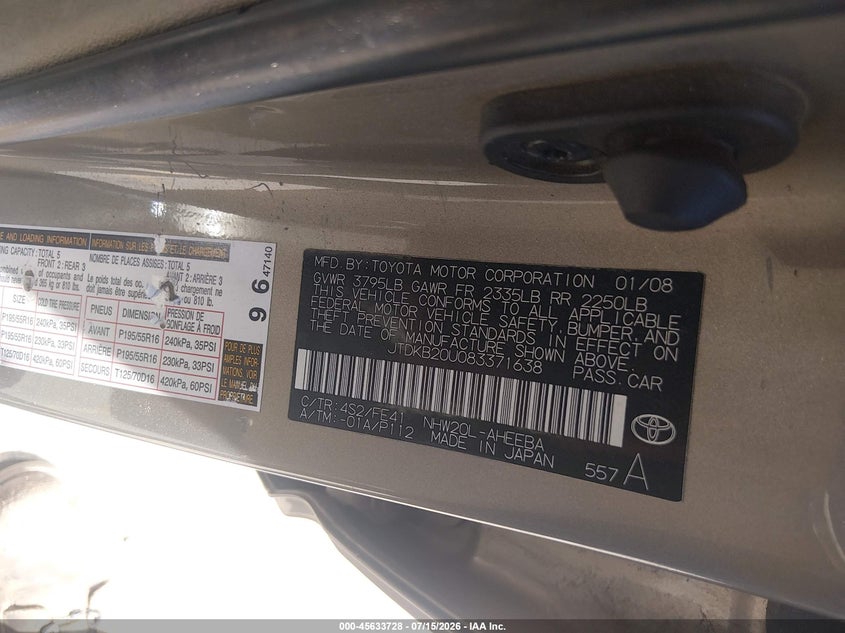 2008 Toyota Prius VIN JTDKB20U083371638 IAAI salvage auction — NORMAL WEAR, Clear (Colorado), sold $475 on 2026-07-28 (photo 9)