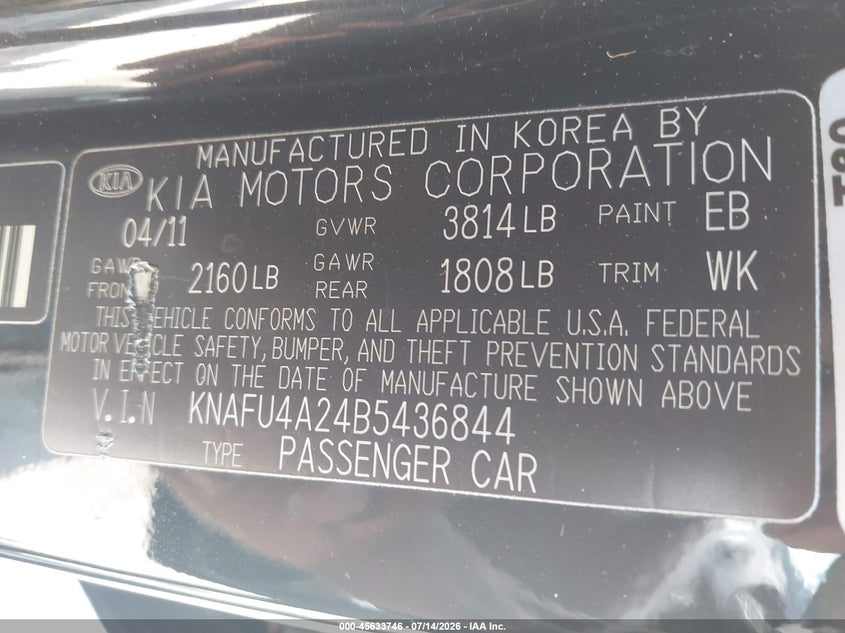 2011 Kia Forte VIN KNAFU4A24B5436844 IAAI salvage auction — NORMAL WEAR, Original (Ohio), sold $250 on 2026-07-28 (photo 9)