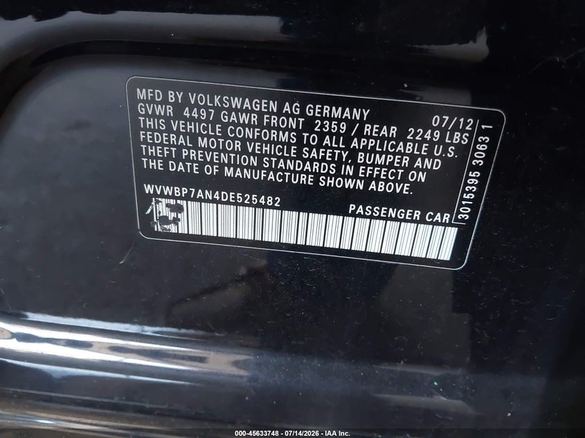 2013 Volkswagen Passat cc VIN WVWBP7AN4DE525482 IAAI salvage auction — LEFT FRONT, Salvage Title, sold $150 on 2026-07-30 (photo 9)
