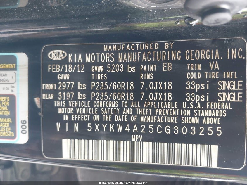 2012 Kia Sorento VIN 5XYKW4A25CG303255 IAAI salvage auction — NORMAL WEAR, Clear (Louisiana), sold $925 on 2026-07-29 (photo 9)