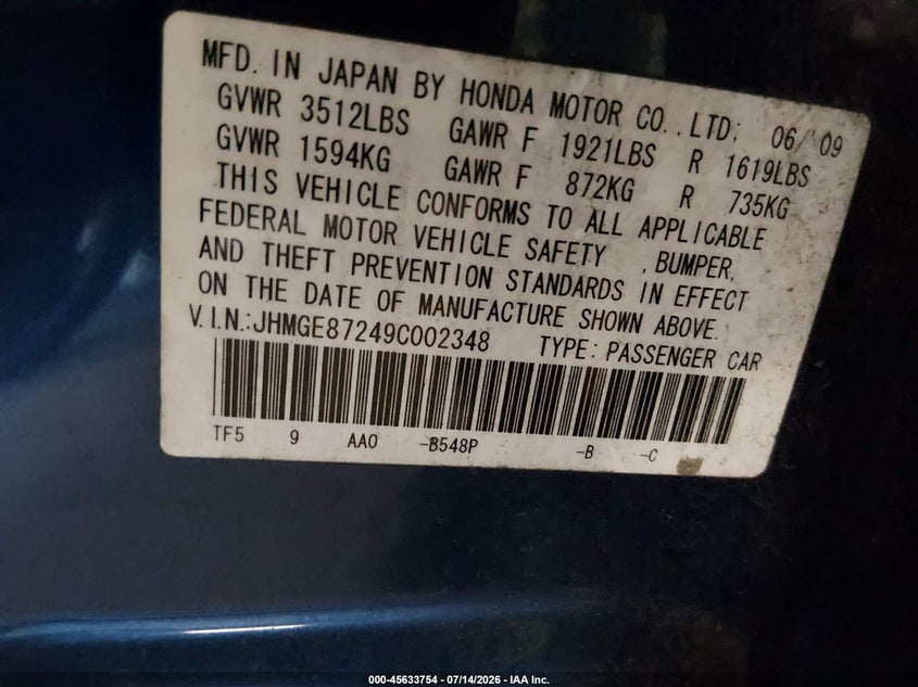 2009 Honda Fit VIN JHMGE87249C002348 IAAI salvage auction — NORMAL WEAR, Prior Salvage (Minnesota), sold $475 on 2026-07-29 (photo 9)