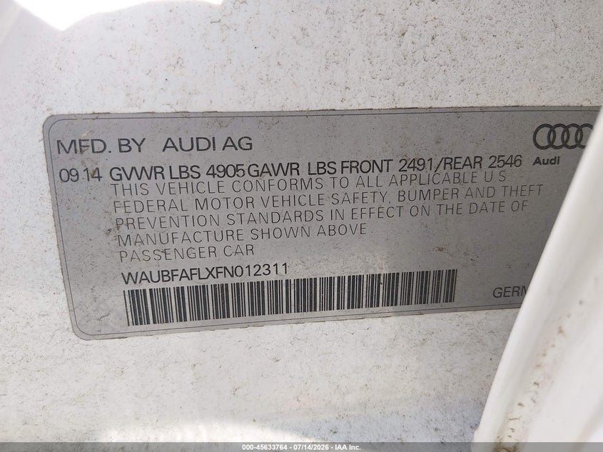 2015 Audi A4 VIN WAUBFAFLXFN012311 IAAI salvage auction — NORMAL WEAR, Clear (Pennsylvania), sold $1,450 on 2026-07-24 (photo 9)