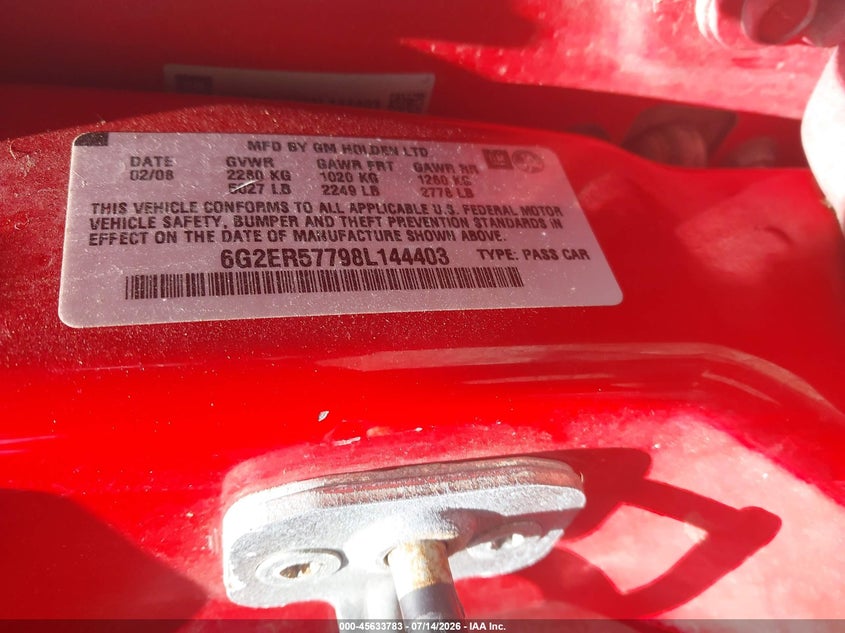 2008 Pontiac G8 VIN 6G2ER57798L144403 IAAI salvage auction — LEFT FRONT, Clear (Florida), sold $1,075 on 2026-07-30 (photo 9)