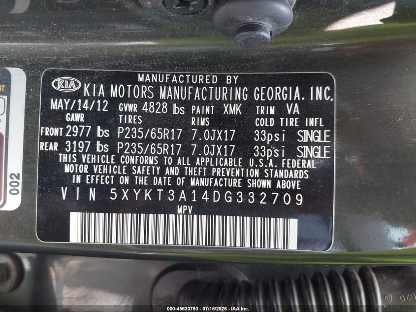 2013 Kia Sorento VIN 5XYKT3A14DG332709 IAAI salvage auction — NORMAL WEAR, Clear (Virginia), sold $1,100 on 2026-07-28 (photo 9)