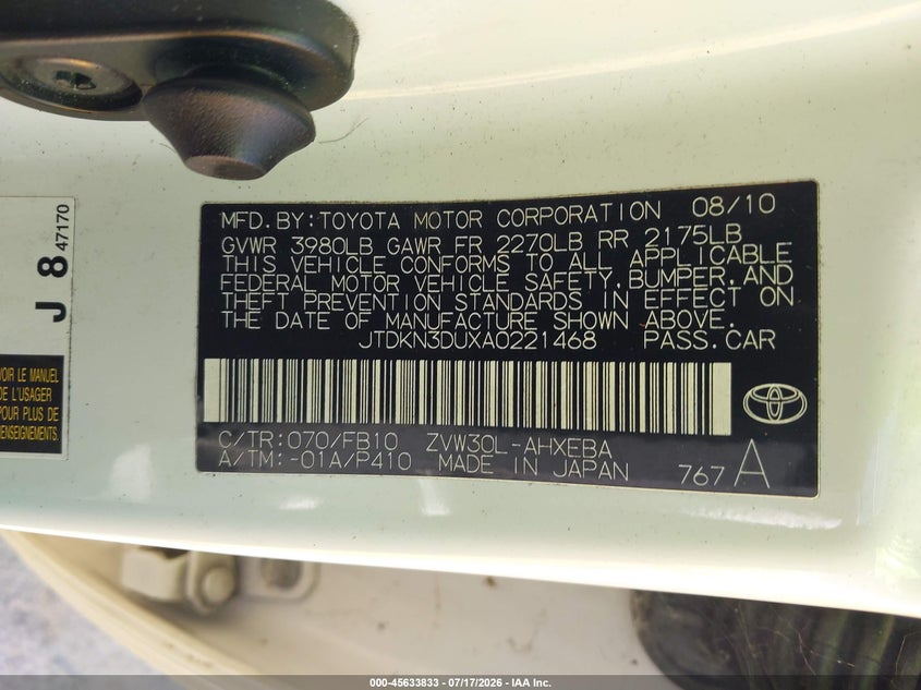 2010 Toyota Prius VIN JTDKN3DUXA0221468 IAAI salvage auction — NORMAL WEAR, Clear - Dealer Only (California), sold $25 on 2026-07-23 (photo 9)