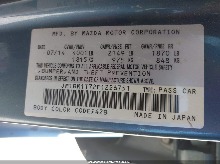 2015 Mazda 3 VIN JM1BM1T72F1226751 IAAI salvage auction — FRONT END, Salvage Title, sold $575 on 2026-08-01 (photo 9)