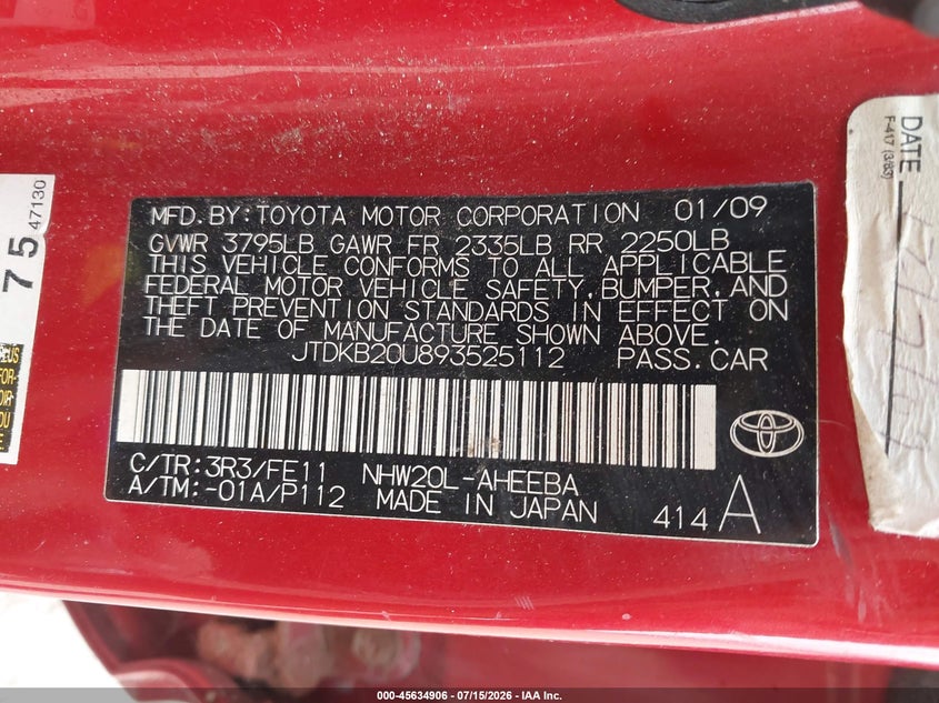 2009 Toyota Prius VIN JTDKB20U893525112 IAAI salvage auction — NORMAL WEAR, Original (New Hampshire), sold $25 on 2026-07-21 (photo 9)