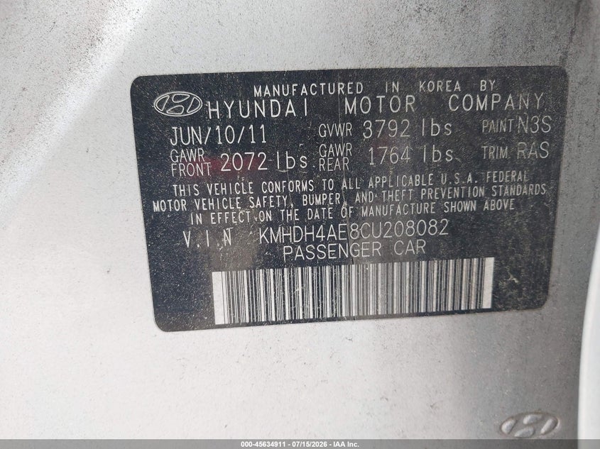 2012 Hyundai Elantra VIN KMHDH4AE8CU208082 IAAI salvage auction — REAR END, Clear (Georgia), sold $675 on 2026-07-23 (photo 9)