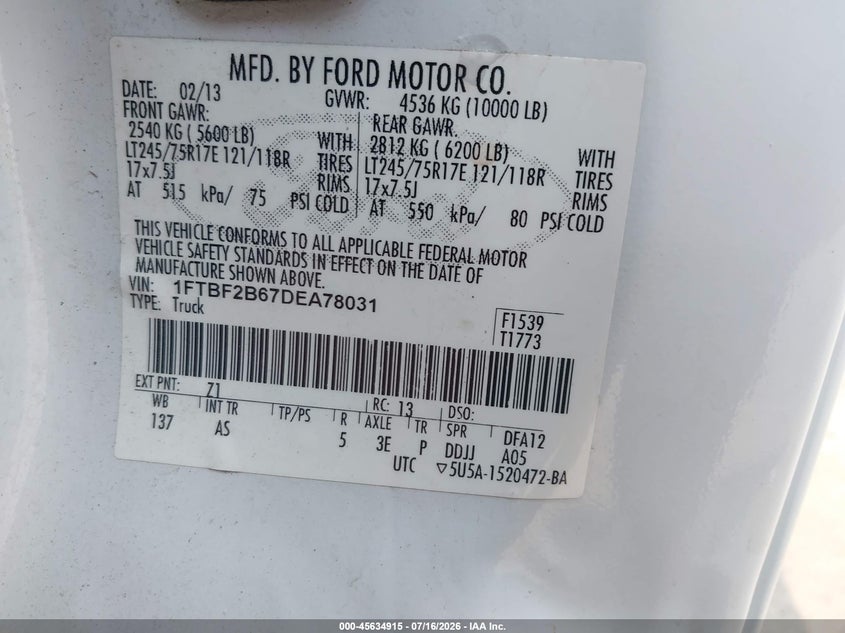 2013 Ford F250 VIN 1FTBF2B67DEA78031 IAAI salvage auction — STORM DAMAGE, Salvage (Ohio), sold $3,050 on 2026-07-23 (photo 8)