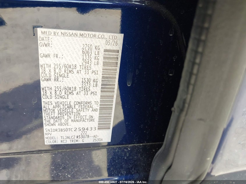 2026 Nissan Pathfinder VIN 5N1DR3BS0TC259433 IAAI salvage auction — REAR END, Enterprise Vehicles Clear Only (Texas), sold $10,500 on 2026-07-29 (photo 9)