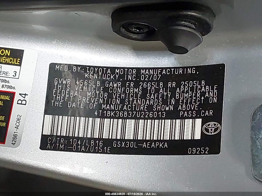 2007 Toyota Avalon VIN 4T1BK36B37U226013 IAAI salvage auction — FRONT & REAR, Clear (Virginia), sold $675 on 2026-08-05 (photo 9)