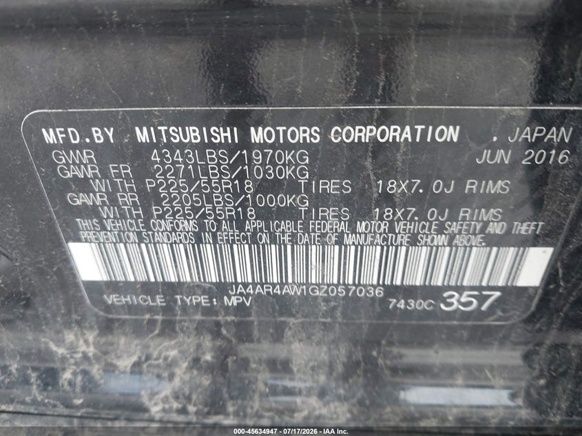 2016 Mitsubishi Outlander VIN JA4AR4AW1GZ057036 IAAI salvage auction — NORMAL WEAR, Clear (New York), sold $1,550 on 2026-07-28 (photo 9)