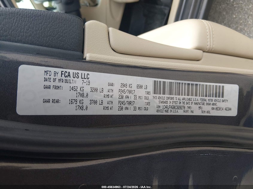 2019 Jeep Grand cherokee VIN 1C4RJFAG8KC828270 IAAI salvage auction — NORMAL WEAR, Sf97 (Maryland), sold $12,900 on 2026-07-31 (photo 9)