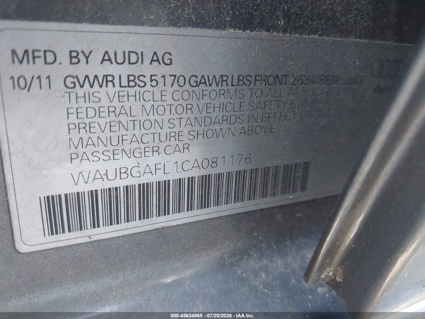 2012 Audi S4 VIN WAUBGAFL1CA081176 IAAI salvage auction — NORMAL WEAR, Clear (New Jersey), sold $25 on 2026-07-29 (photo 9)