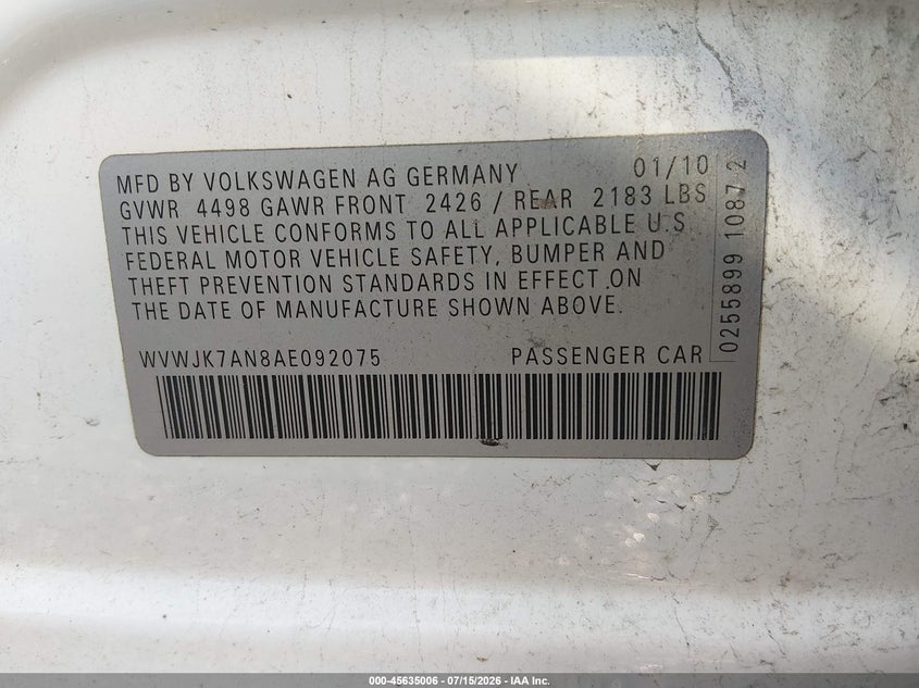2010 Volkswagen Passat VIN WVWJK7AN8AE092075 IAAI salvage auction — RIGHT FRONT, Salvage (Ohio), sold $800 on 2026-08-19 (photo 9)