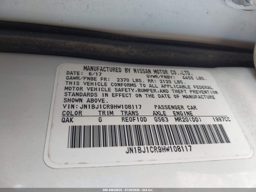 2017 Nissan Rogue VIN JN1BJ1CR9HW108117 IAAI salvage auction — REAR END, Salvage (Tennessee), sold $3,250 on 2026-07-30 (photo 9)