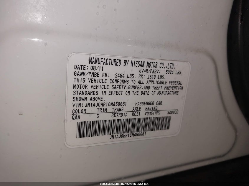 2012 Infiniti Ex VIN JN1AJ0HR1CM450681 IAAI salvage auction — FRONT & REAR, Salvage (Texas), sold $250 on 2026-08-22 (photo 9)