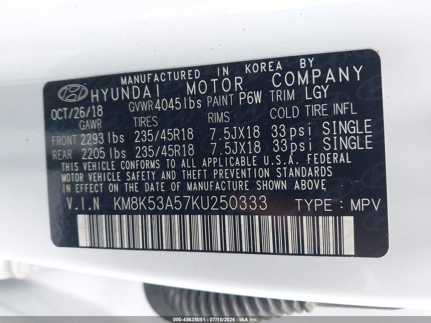 2019 Hyundai Kona VIN KM8K53A57KU250333 IAAI salvage auction — NORMAL WEAR, Salvage Title, sold $4,050 on 2026-07-22 (photo 9)