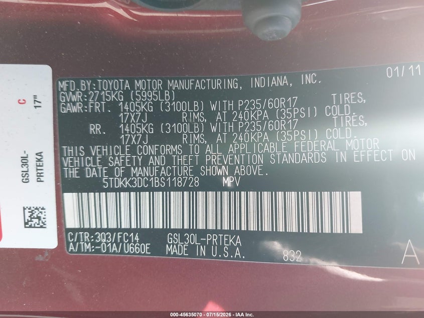 2011 Toyota Sienna VIN 5TDKK3DC1BS118728 IAAI salvage auction — FRONT END, Junk Bill Of Sale Mv2459 (Wisconsin), sold $400 on 2026-07-28 (photo 9)