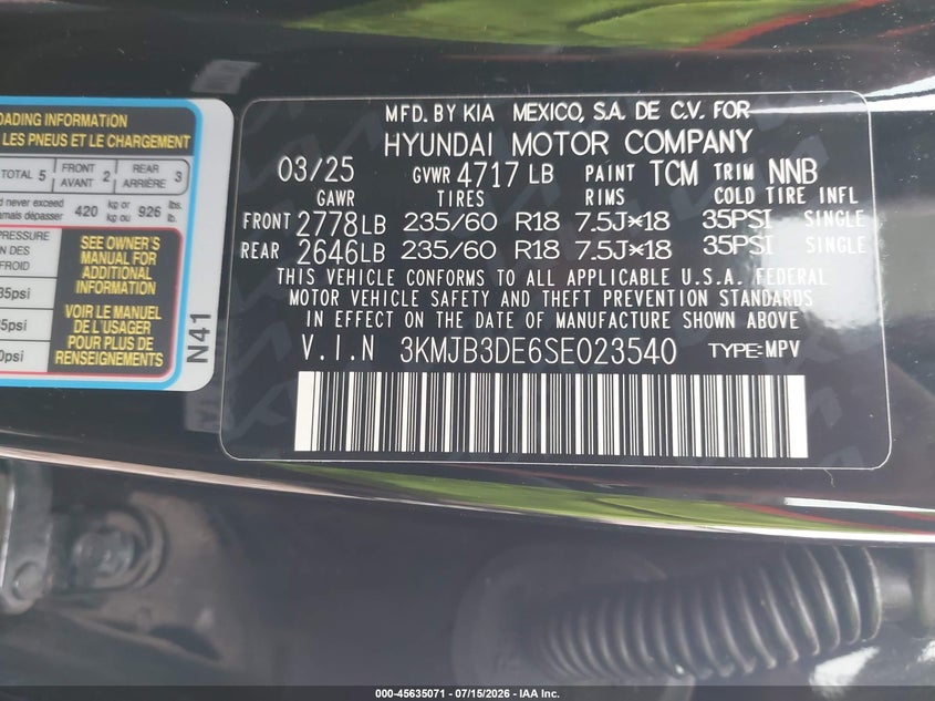 2025 Hyundai Tucson VIN 3KMJB3DE6SE023540 IAAI salvage auction — REAR END, Enterprise Vehicles Clear Only (Texas), sold $14,000 on 2026-07-23 (photo 9)
