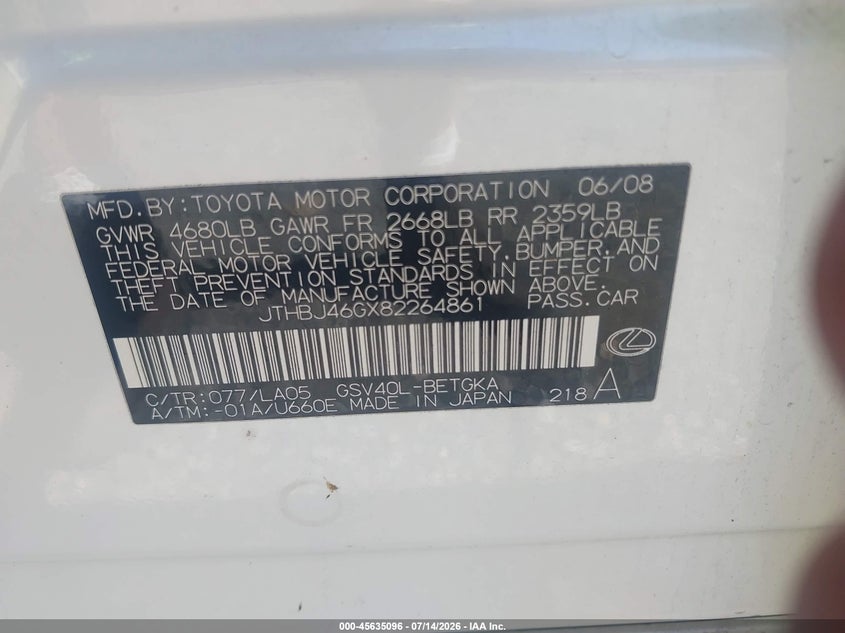 2008 Lexus Es 350 VIN JTHBJ46GX82264861 IAAI salvage auction — NORMAL WEAR, Clear (Illinois), sold $800 on 2026-07-29 (photo 9)