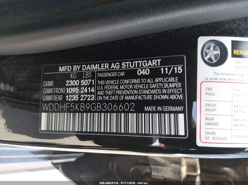 2016 Mercedes-benz E-klasse VIN WDDHF5KB9GB306602 IAAI salvage auction — FRONT END, Salvage Title, sold $3,350 on 2026-08-04 (photo 9)