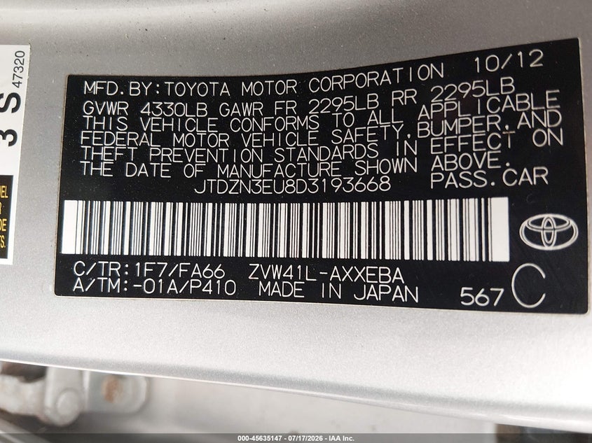 2013 Toyota Prius v VIN JTDZN3EU8D3193668 IAAI salvage auction — LEFT FRONT, Salvage (Ohio), sold $1,850 on 2026-07-28 (photo 9)