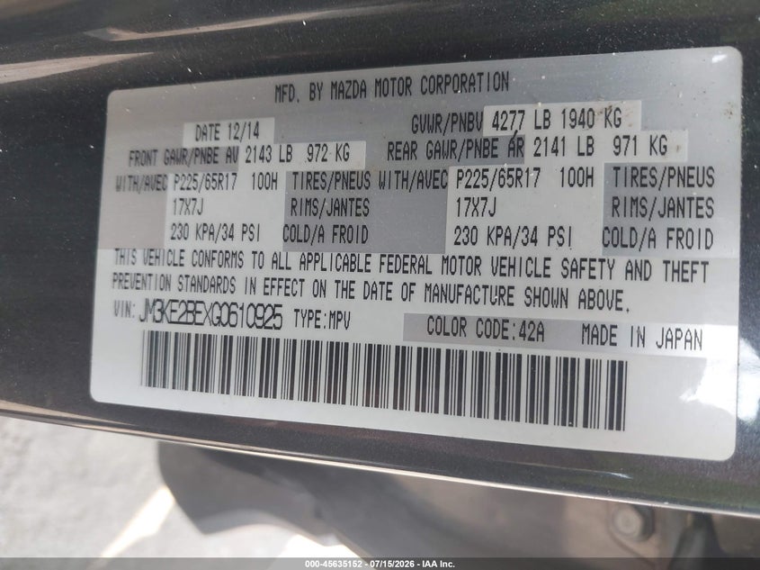 2016 Mazda Cx-5 VIN JM3KE2BEXG0610925 IAAI salvage auction — FRONT END, Salvage (Vermont), sold $2,200 on 2026-09-04 (photo 9)