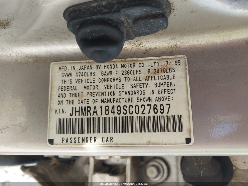 1995 Honda Odyssey VIN JHMRA1849SC027697 IAAI salvage auction — NORMAL WEAR, Clear (Florida), sold $300 on 2026-07-23 (photo 9)