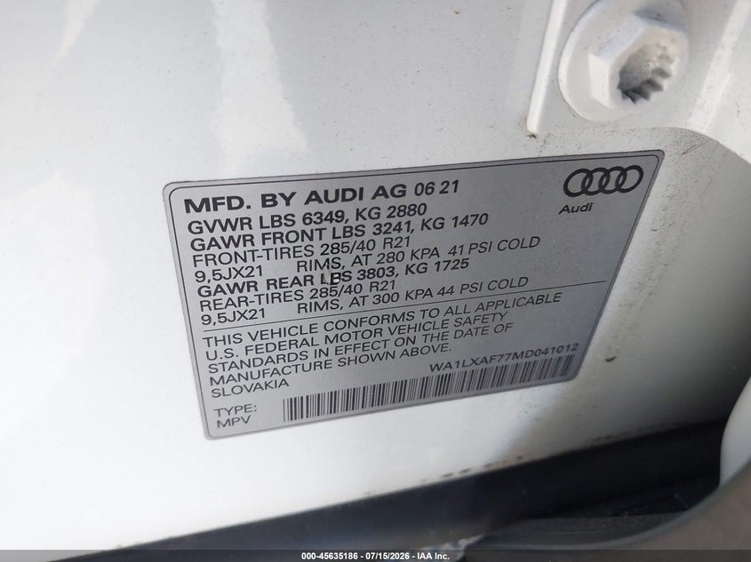 2021 Audi Q7 VIN WA1LXAF77MD041012 IAAI salvage auction — SIDE, Wait Title, sold $16,500 on 2026-08-26 (photo 9)
