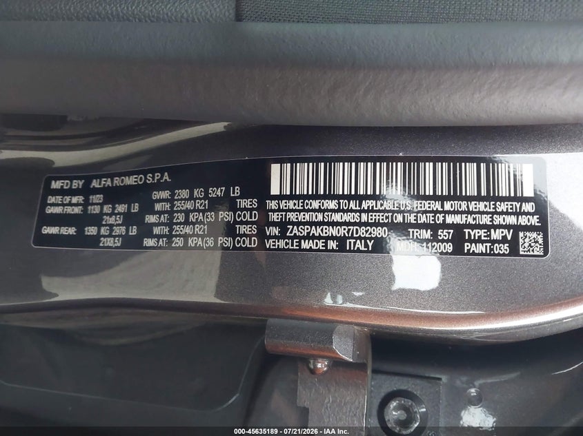2024 Alfa romeo Stelvio VIN ZASPAKBN0R7D82980 IAAI salvage auction — RIGHT FRONT, Salvage (Pennsylvania), sold $15,700 on 2026-08-04 (photo 9)