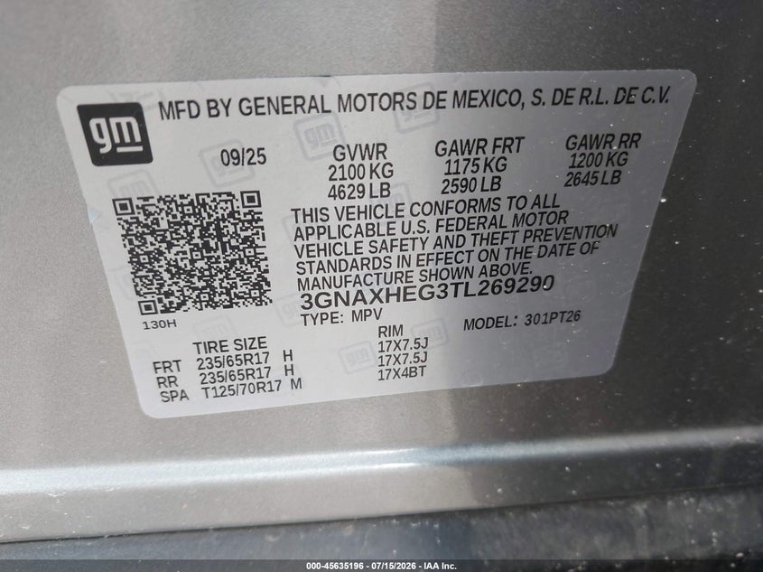 2026 Chevrolet Equinox VIN 3GNAXHEG3TL269290 IAAI salvage auction — SIDE, Enterprise Vehicles Clear Only (New Mexico), sold $14,500 on 2026-07-30 (photo 9)