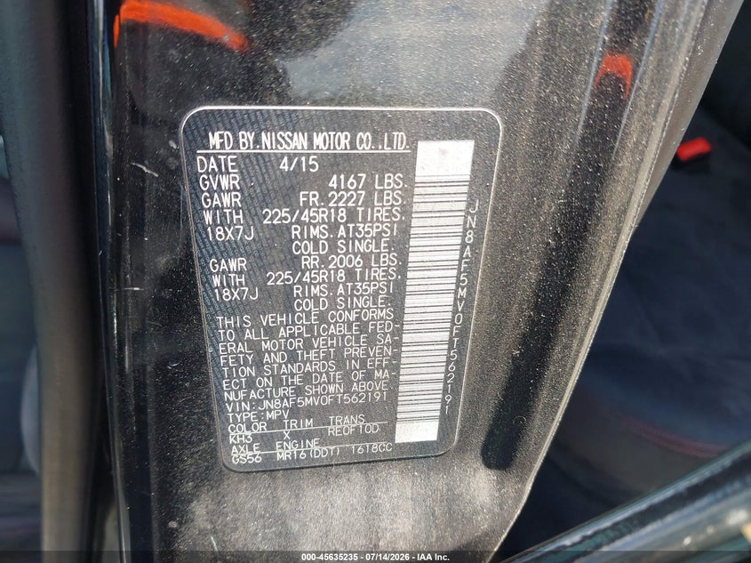2015 Nissan Juke VIN JN8AF5MV0FT562191 IAAI salvage auction — NORMAL WEAR, Clear (Florida), sold $1,200 on 2026-07-28 (photo 9)