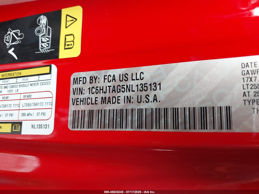 2022 Jeep Gladiator VIN 1C6HJTAG5NL135131 IAAI salvage auction — REAR END, Salvage (Pennsylvania), sold $12,500 on 2026-07-31 (photo 9)