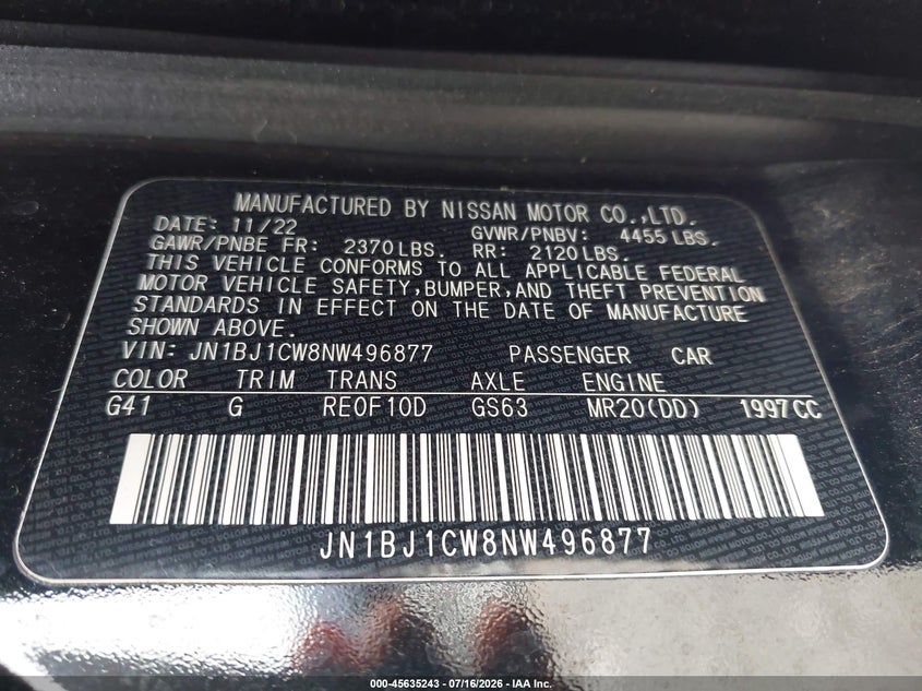 2022 Nissan Rogue VIN JN1BJ1CW8NW496877 IAAI salvage auction — RIGHT REAR, Salvage (Pennsylvania), sold $7,700 on 2026-07-31 (photo 9)