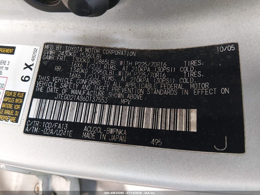2006 Toyota Highlander VIN JTEGD21A860137553 IAAI salvage auction — NORMAL WEAR, Clear (Florida), sold $925 on 2026-07-28 (photo 9)