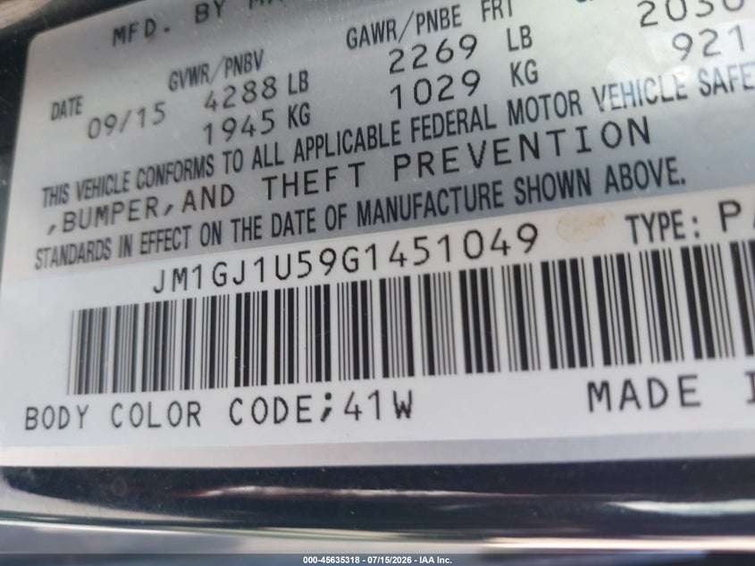 2016 Mazda 6 VIN JM1GJ1U59G1451049 IAAI salvage auction — NORMAL WEAR, Original (Texas), sold $25 on 2026-07-29 (photo 9)