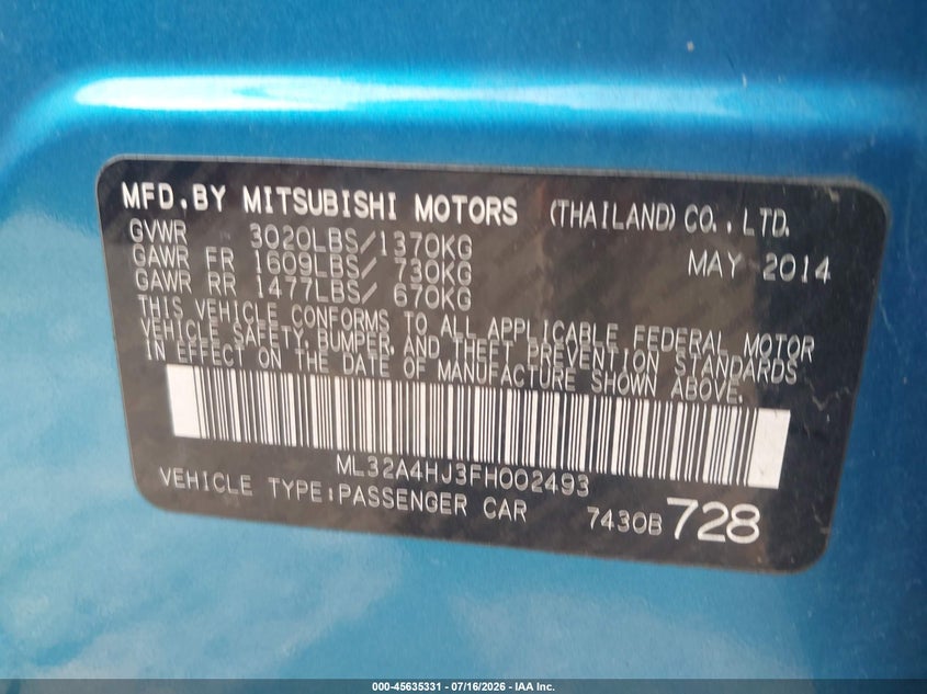 2015 Mitsubishi Mirage VIN ML32A4HJ3FH002493 IAAI salvage auction — ROOF, Salvage (Ohio), sold $500 on 2026-07-24 (photo 9)