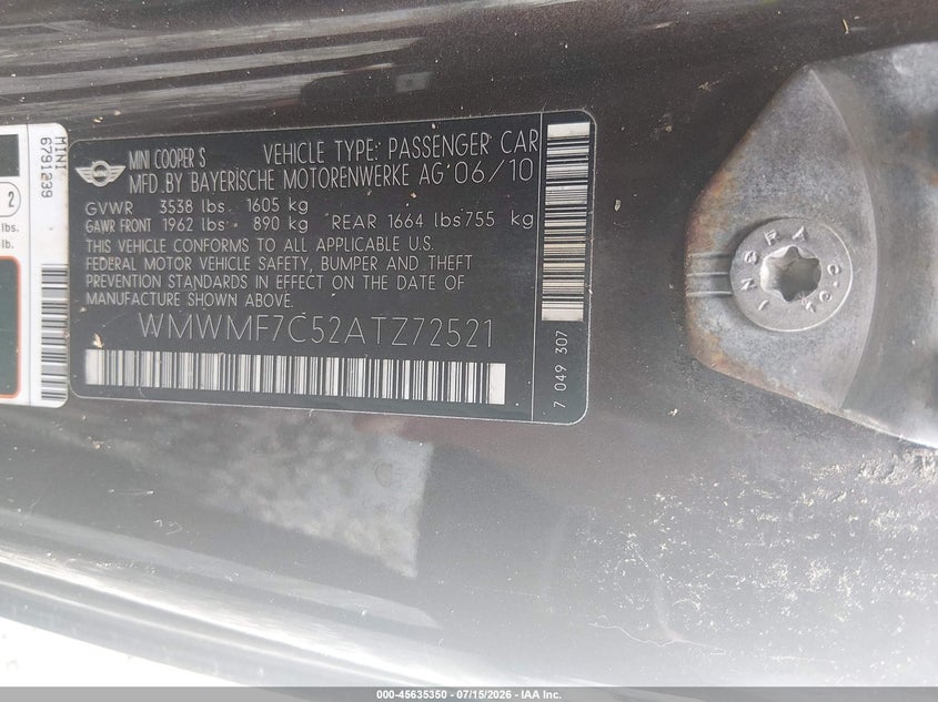 2010 Mini Cooper VIN WMWMF7C52ATZ72521 IAAI salvage auction — NORMAL WEAR, Clear (Georgia), sold $400 on 2026-07-31 (photo 9)
