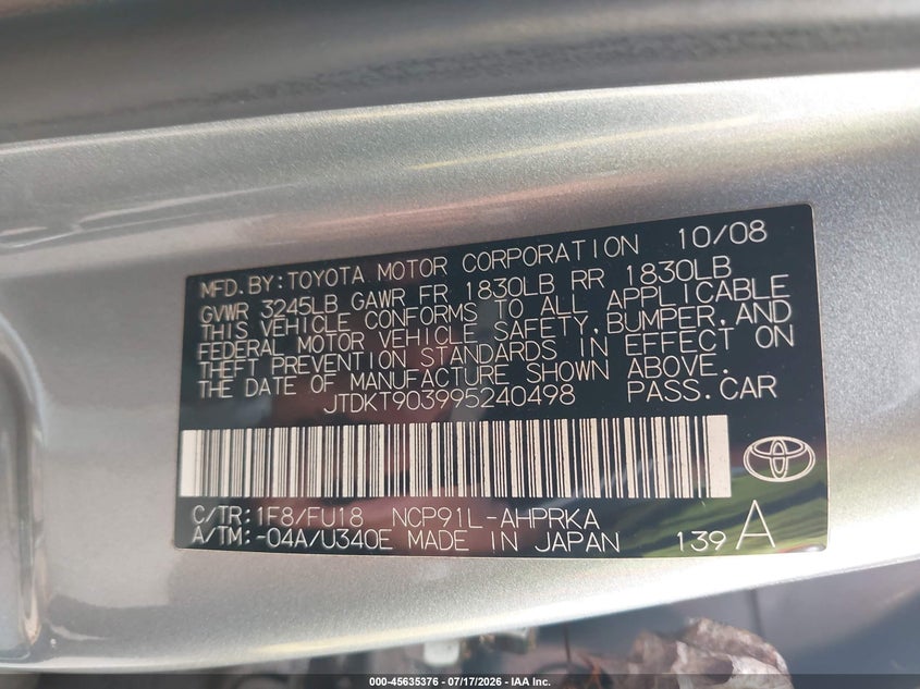 2009 Toyota Yaris VIN JTDKT903995240498 IAAI salvage auction — NORMAL WEAR, Original (Ohio), sold $75 on 2026-07-28 (photo 9)