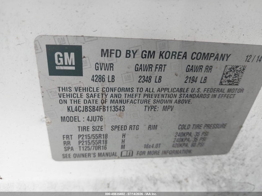 2015 Buick Encore VIN KL4CJBSB4FB113543 IAAI salvage auction — NORMAL WEAR, Salvage Title, sold $350 on 2026-07-28 (photo 9)