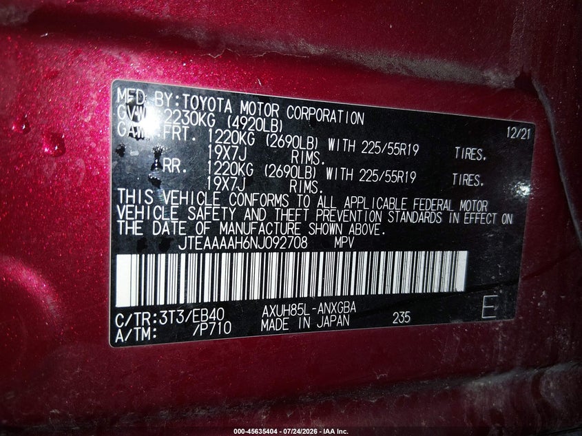 2022 Toyota Venza VIN JTEAAAAH6NJ092708 IAAI salvage auction — HAIL, Salvage (Iowa), sold $14,350 on 2026-08-25 (photo 9)