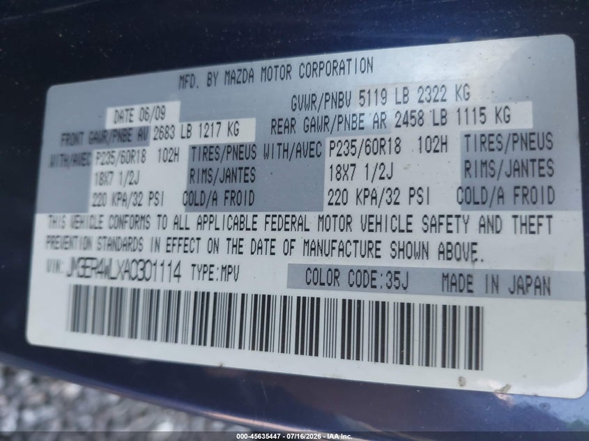 2010 Mazda Cx-7 VIN JM3ER4WLXA0301114 IAAI salvage auction — NORMAL WEAR, Salvage (South Carolina), sold $300 on 2026-07-28 (photo 9)