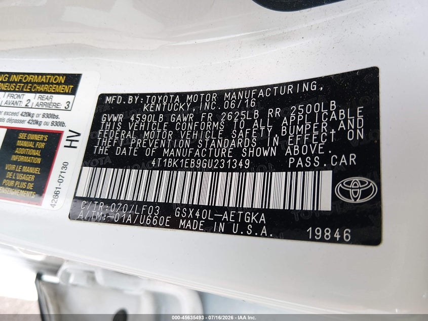 2016 Toyota Avalon VIN 4T1BK1EB9GU231349 IAAI salvage auction — REAR END, Clear (Indiana), sold $11,100 on 2026-08-16 (photo 9)