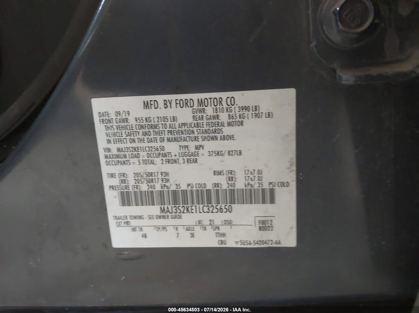 2020 Ford Ecosport VIN MAJ3S2KE1LC325650 IAAI salvage auction — FRONT END, Salvage (North Carolina), sold $350 on 2026-08-02 (photo 9)