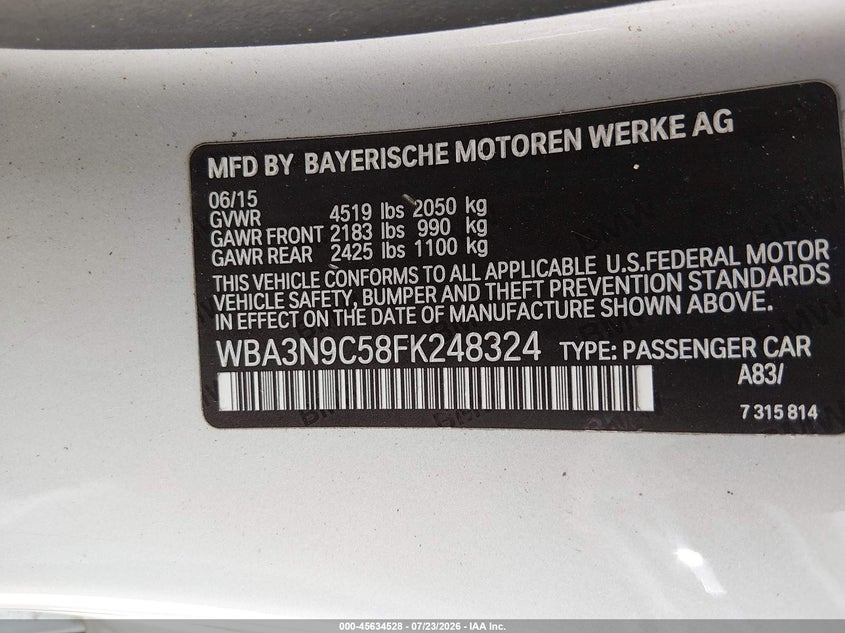 2015 BMW 4er VIN WBA3N9C58FK248324 IAAI salvage auction — FRONT END, Wait Title, sold $2,300 on 2026-07-30 (photo 9)