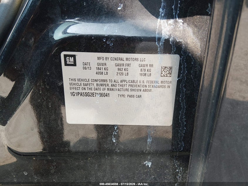 2014 Chevrolet Cruze VIN 1G1PA5SG2E7106041 IAAI salvage auction — SIDE, Salvage - Greater Than 75% (Maryland), sold $500 on 2026-07-24 (photo 9)